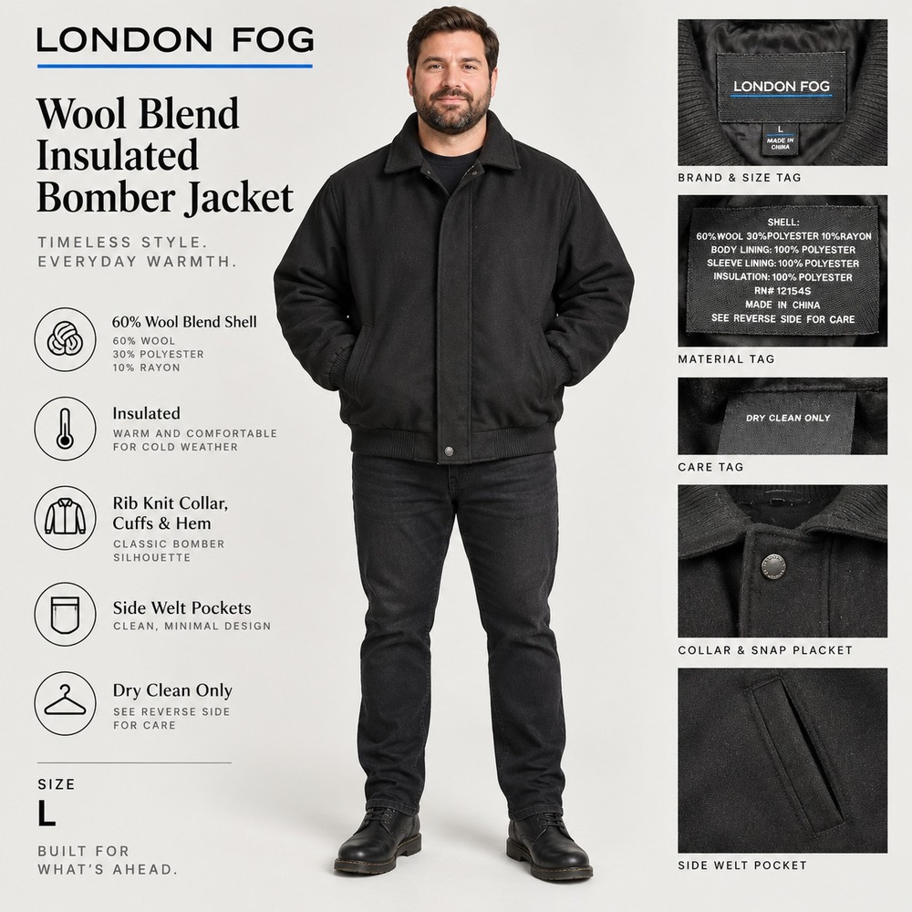 London Fog Men's Large Black Wool Blend Bomber Jacket Full Zip Snap Heavy Coat